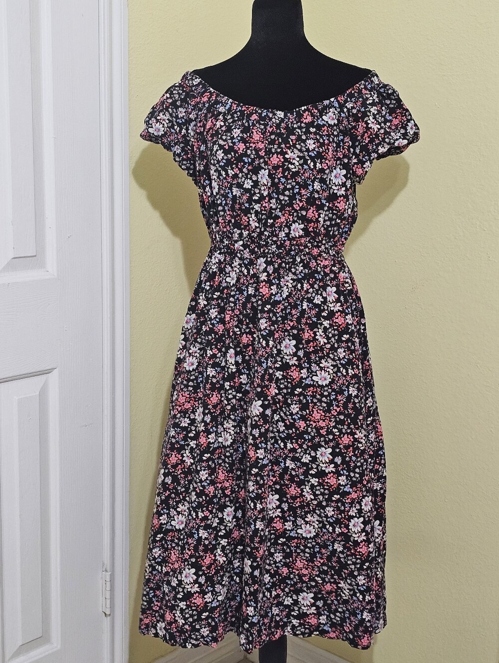 GAP Black Midi Dress with Pink & White Floral Print